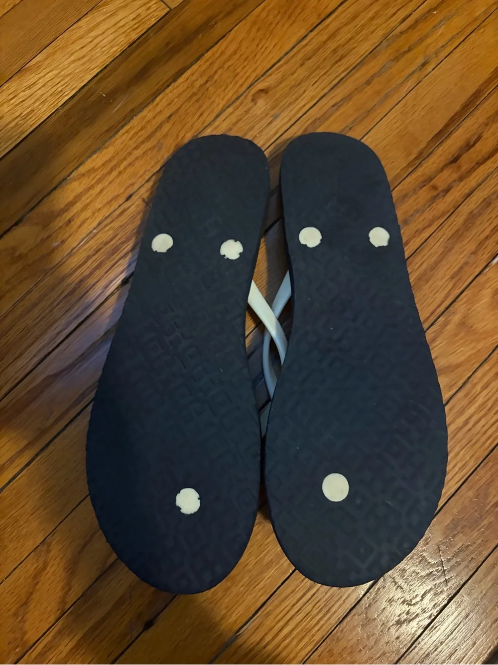 Tory Burch Navy Ombre Flip Flops with Ivory Straps and Gold Logo